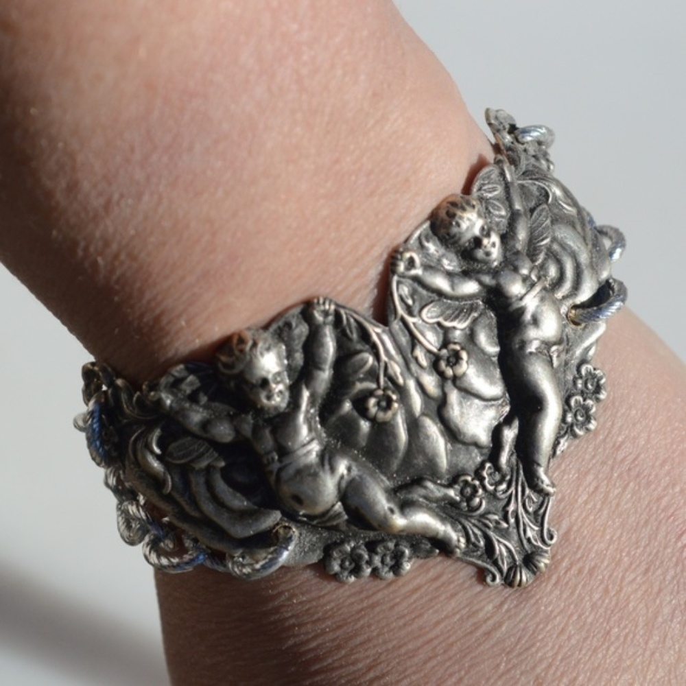 Cherub Chain Angel Bracelet Link Statement Cuff Putti Silver Baroque Rococo